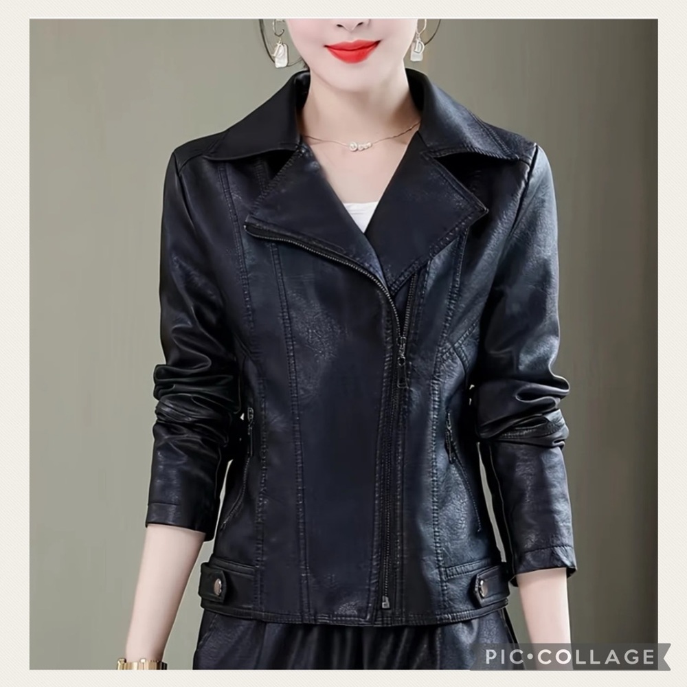 NEW Sleek Black Faux Moto Leather Jacket with Asymmetrical Zipper Size L